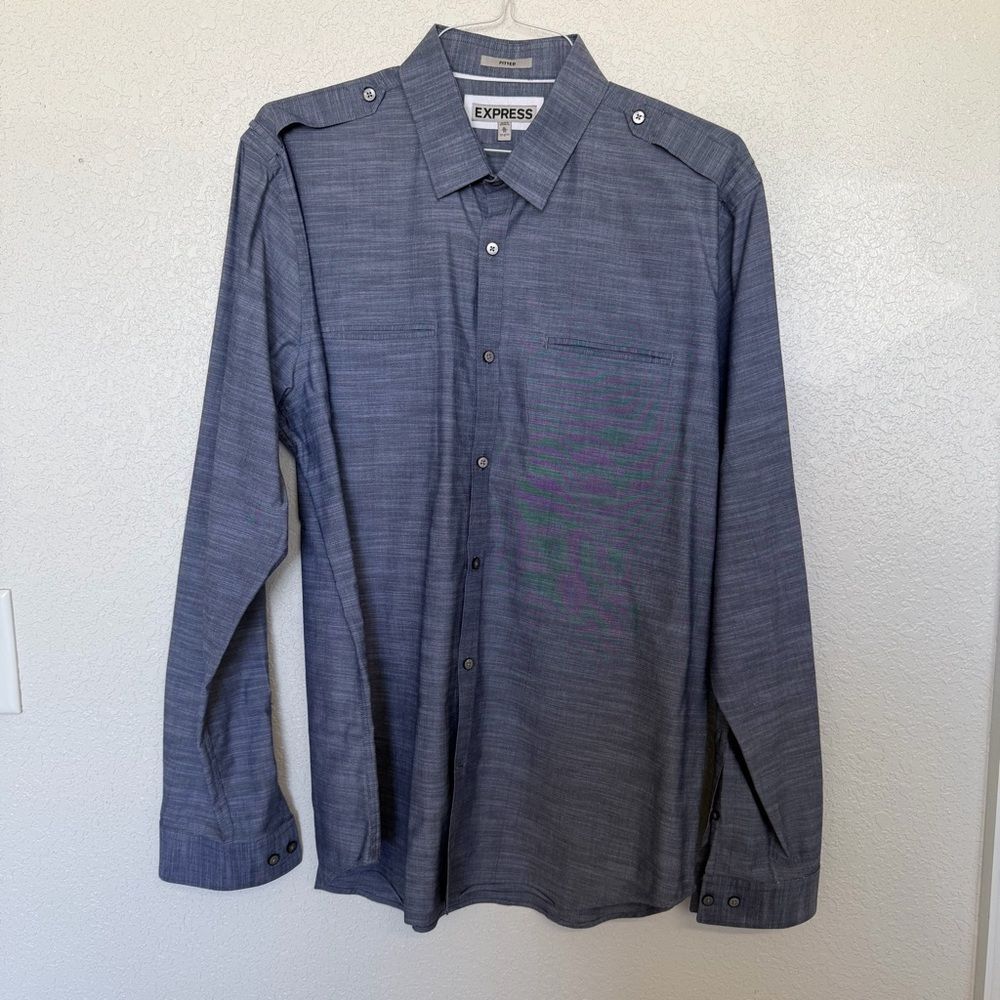 Express Fitted Button Down Shirt Men’s XL Gray Long Sleeve Cotton Casual Shirt - Picture 2 of 10